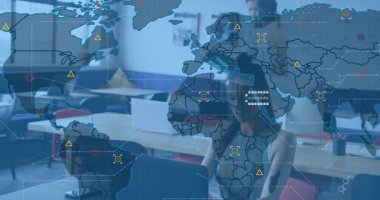 Woman typing laptop activating world map data overlay while tech team collaborating over folder. Collaboration, teamwork, innovation, business, modern, digital, communication