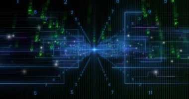 Mavi çekirdek veri akışını başlatıyor, mavi yolları yansıtıyor, yeşil kana 'yı kademeli olarak görselleştiriyor. Teknoloji, siber uzay, dijital, yenilik, ağ, görselleştirme, gelecekçilik