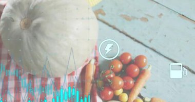 Şimşek simgesi soluklaşması simgelerin hareket etmesine ve çizelge çubuklarının vejetaryen düzeninin enerji göstermesine neden oluyor. Üretim, tarım, beslenme, organik, kırsal, veri, analiz