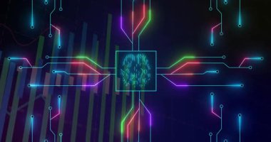 Neon kareye yayılan devreler çubukları genişletiyor ve verileri gösteren bir simgeye dönüşüyor. Fütürist, dijital, teknoloji, yenilik, soyut, siber güvenlik, veri görselleştirme