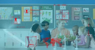 Öğrencilere rehberlik eden bayan öğretmen, bilim modellerini titreşen ekranları hacklemek olarak gösteriyor. Eğitim, sürdürülebilirlik, çocukluk, çevre bilinci, dijital güvenlik, sınıf, kök