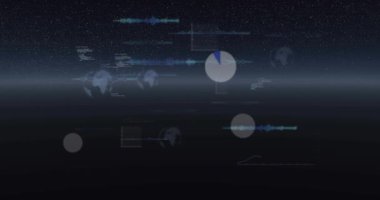 One-second pause sparking cosmic interface animating pie charts, bars and globes visualizing data. Futuristic, data visualization, digital universe, holographic, analytics, technology, abstract art