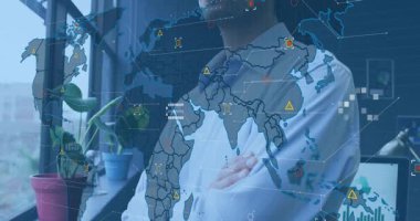 Office worker standing by window, world map overlay appearing, data icons intensifying for analysis. Business, data visualization, modern, technology, analytics, corporate, professional