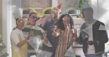 Woman lighting sparkler and man blowing horn starting animated confetti celebrating office success. Festive, celebration, camaraderie, joy, modern, vibrant, teamwork