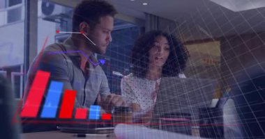 Female colleague typing on laptop in meeting, showing business charts with male colleague watching. Collaboration, data analysis, technology, innovation, professional, startup, digital