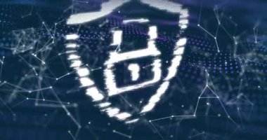 Şebekede görünen dijital parçalar veri güvenliğini gösteren asma kilit ve kalkan arızalarını başlatıyor. Siber uzay, siber güvenlik, şifreleme, teknoloji, dijital güvenlik, veri koruması, geleceksel