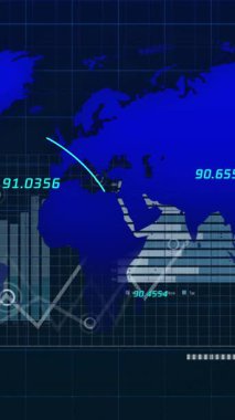 Mavi dünya haritasının animasyonu ve sayılar saydam arkaplan üzerinde değişiyor. Dijital olarak oluşturulan küresel bağlantılar ve veri işleme kavramı.