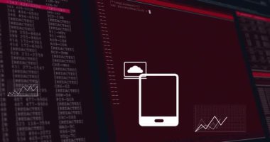 Siyah ekran kod arkaplanına kayıyor, beyaz çizgi simgeleri görüntüleme eğilimlerini değiştiriyor. Teknoloji, veri, analitik, dijital arayüz, görselleştirme, yenilik, ağ