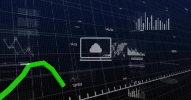 Yeşil trend çizgisi sol altta beliriyor, laptop ve veri görselleştirmesi çizelgelerini aşıyor. Dijital, analitik, modern, teknoloji, iş, görselleştirme, finans