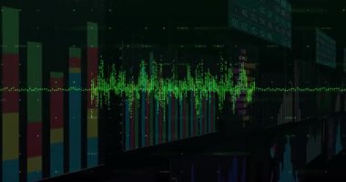 Gösterge panelinin dalga biçimini açarken, çubuklar kayıyor, kalp atışları dönüyor ve verileri gösteren turtalar dönüyor. Analizler, görselleştirme, veri, dijital, hareket, teknoloji, fütüristik