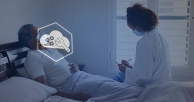 Üst düzey bir hastanın yanındaki panoda, sağlık verilerinin haritalandığı simgeleri gösteren profesyonel tıbbi yazı var. Sağlık, teletıp, dijital sağlık, hasta bakımı, tıbbi teknoloji, sağlık izleme