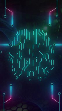 Bilgisayar devresi ve ai beyni üzerinde dijital veri işleme animasyonu. Dijital olarak oluşturulmuş küresel yapay zeka, bağlantılar, hesaplama ve veri işleme kavramı.