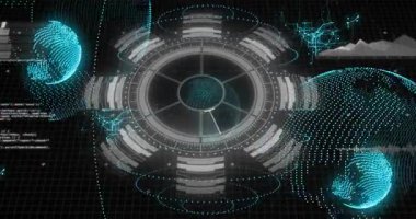 Aydınlatma arayüzü üzerinde dönen küreler titreşen düğümler titreşen görsel arayüz durumu. Holografik, dijital, fütüristik, veri, teknoloji, soyut, arayüz