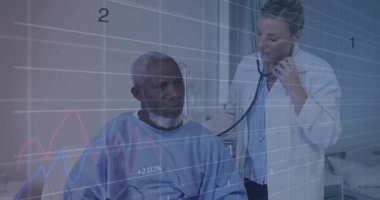 Doktor steteskop kulaklığı takıyor, hastaya göğüs parçası takıyor, sağlık şebekesini kaplıyor. Tıbbi, teşhis, sağlık, analiz, klinik, izleme, pratisyen hekim