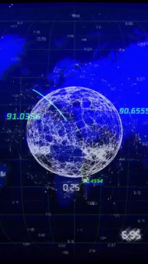 Küresel ağ bağlantıları ve veriler dünya haritası üzerinde animasyonu gösteriyor. Teknoloji, dijital, iletişim