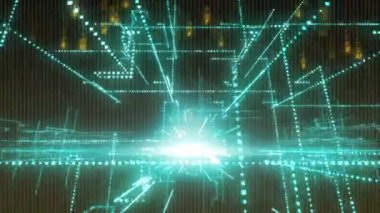 Üç boyutlu animasyon, siyan çekirdek titreşimlerini ve genişleyen geniş çerçeveli düşme kod sembollerini gösteriyor. Fütürist, dijital, teknoloji, soyut, ağ, siber güvenlik, yenilik