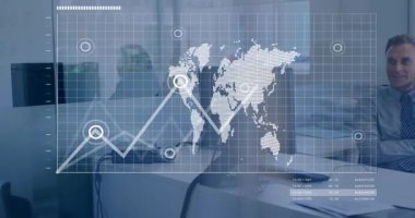 operator logging in viewing map overlay with rising line graph emerging tracking business data. Technology, analytics, data visualization, business intelligence, digital interface, corporate, modern