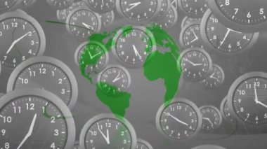 Dönen yeşil Dünya küresi, ortaya çıkan saatler kümelenen, görselleştirilen zaman dilimleri. Küresel eşzamanlama, zaman yönetimi, gök, geleceksel, dijital manzara, soyut, süreklilik