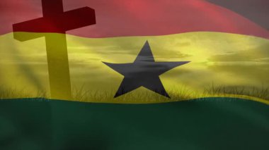 Üç boyutlu animasyon Gana ulusal bayrağı hafif rüzgarın ardından çimenli tepede dalgalanıyor ve dalgalanıyor. Vatanseverlik, ulusal gurur, sembolizm, açık hava, manzara, hareket, dinamik