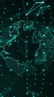 Dünya üzerindeki bağlantı ağının animasyonu. Dijital olarak oluşturulmuş küresel bağlantılar, hesaplama ve veri işleme kavramı.