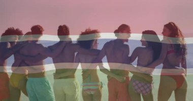 Arkadaş, sahil seyahati pazarlaması için komşunun kahkahalarına eğilip kollarını sallıyor. Yoldaşlık, rahatlık, rahatlama, açık hava, yaz, mutluluk, çeşitlilik