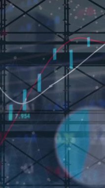 Çoklu grafik animasyonu ve modern binaların üzerindeki takas panosu. Dijital bileşik, çoklu pozlama, rapor, iş dünyası, borsa ve mimari kavramı.