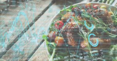 Kaplama çizelgesi zayıflıyor, hatlar tavuk kasesi boyunca kayıyor, halka taramaları pazar verilerini vurguluyor. Gurme, rustik, taze, doğal, sağlıklı, dijital, analiz