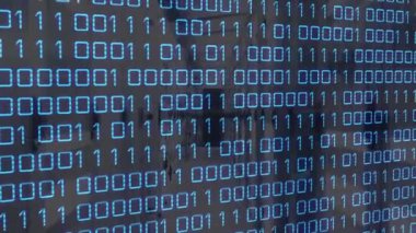 Başlangıçta mavi ikili kaplama titreşen parmaklar, veri akışı için ofis koridorunu ortaya çıkarır. Teknoloji, siber, dijital, yenilik, veri, ağ, fütürist