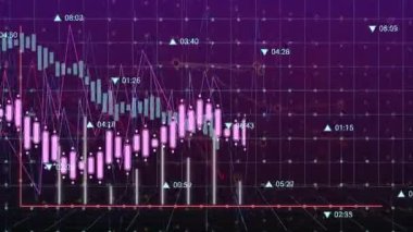 Mor şebeke açıldığında pembe şamdanlar, yeşil çubuklar ve kırmızı çizgiler piyasa eğilimini gösteriyor. Teknoloji, finans, analitik, veri görselleştirme, dijital, profesyonel, modern