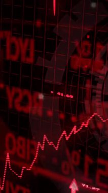 Finansal veriler ve borsa analizleri kırmızı grafik ve sayılar üzerinde. Finans, yatırım, ticaret, ekonomi, istatistik, para