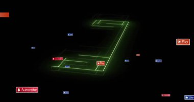 Faint neon green line extending into 3D base; red subscribe, play, blue like icons orbiting network. Futuristic, digital, abstract, technological, interface, immersive, vibrant