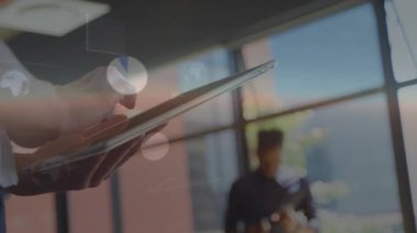 Tablet user tapping screen, animated data appearing, code scrolling, visuals shifting for insights. Technology, data, innovation, collaboration, efficiency, digital, workspace