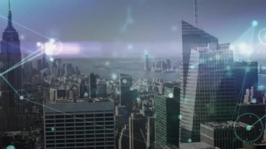 Faint nodes appearing above skyscrapers, pulsing and connecting with lines to visualize data flow. Urban, technology, connectivity, digital, network, infrastructure, futuristic