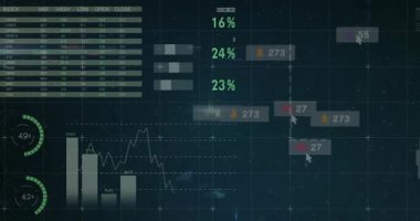 On panel load data dashboard animating indexes, gauges, charts, icons to illustrate metrics. Analytics, data visualization, dashboard, technology, digital interface, futuristic, performance