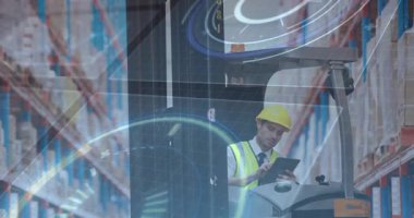 Forklift operator tapping tablet to start holographic data and confirming pallet pick in warehouse. Logistics, automation, industrial, inventory, digital, safety, technology