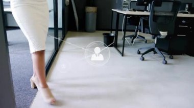 Office worker with coffee, phone walking glass corridor, tapping Subscribe and Message Sent icons. Professional, connectivity, digital, communication, urban, networking, modern