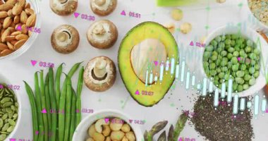 Translucent candlestick chart sweeping plant-based ingredients visualizing nutrition data trends. Health, nutrition, superfood, wellness, organic, clean eating, data visualization