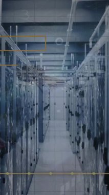 Animation of graph and padlock over dots forming geometric shapes, lens flare over server room. Digital composite, multiple exposure, circuit board, security, networking, technology, network server.