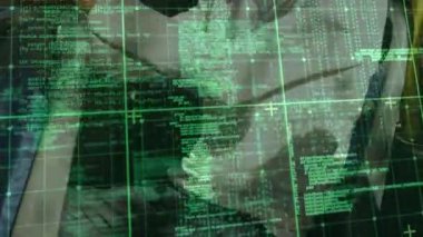 Camera showing green code shifting, revealing man gripping and rotating smartphone for tech demo. Futuristic, cybersecurity, innovation, technology, digital, interface, professional