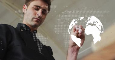 Tech pro raising hand beneath map overlay, shaping rotating globe with particles for visualization. Augmentedreality, digitalinterface, futuristic, innovation, technology, interface design