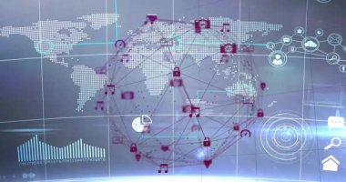 Noktalı dünya haritası ortaya çıkıyor ve kamera zarfı simgelerinin veri düğümlerini birbirine bağladığını gösteriyor. Coğrafi, veri görselleştirme, dijital ağ, teknoloji arayüzü, fütüristik, bağlantı, küresel iletişim