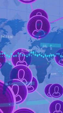 Dünya haritası arka planında dijital kullanıcı simgelerinin ve veri analizlerinin animasyonu. Teknoloji, ağ oluşturma, küresel, bağlantı, internet