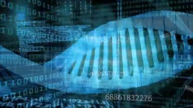 Karanlık şebekeyi katlayan ikili akıntılar, DNA sarmal kayması, analiz için titreyen sayısal kod. Teknoloji, yenilik, veri, genetik, siber güvenlik, dijital, bilimsel