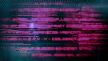 Şebeke görünümü, morumsu kod kayması, bölünmesi, arızalanması, zayıflaması, yükselen görselleştiren veri akışı. Fütürist, siber, dijital, teknoloji, arayüz, veri, görselleştirme