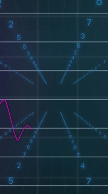 Mavi arka planda istatistiksel veri işleme ve ikili kodlama animasyonu. Bilgisayar arayüzü ve iş teknolojisi kavramı