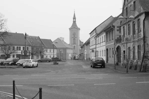 Kravare Tsjechië Maart 2023 Pleintje Met Kerk — Stockfoto