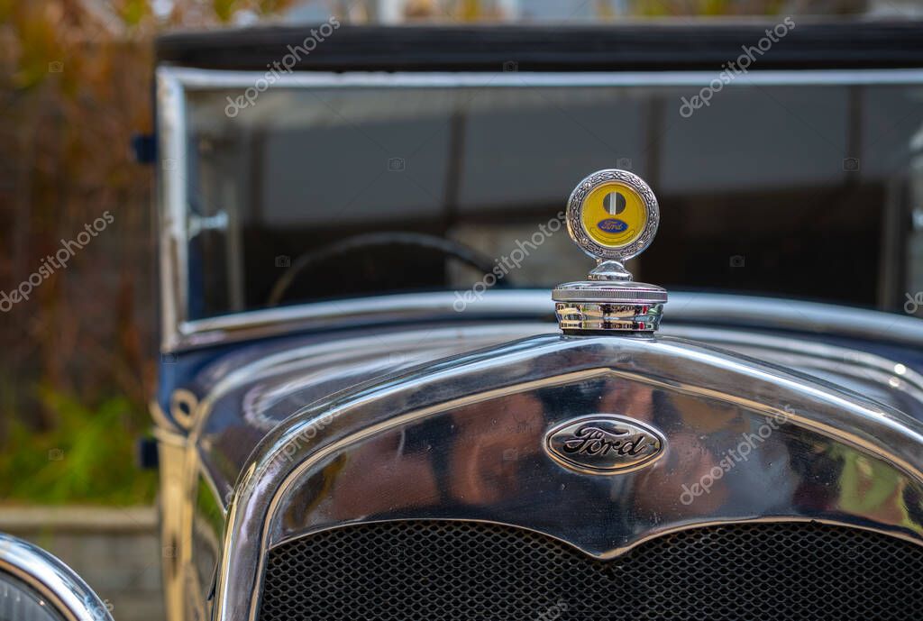 Chennai, India, December 18th 2022: Front View of Ford Roadster Model Car 1929, Ford Motors, Antique, Classic Car, Vintage car. Front of Retro car 1929.