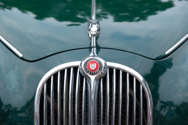 Chennai, India, December 18th 2022: Jaguar Mark 1 Closeup with Logo. Jaguar 2.4 Litre special equipment early 1957. Jaguar Land Rover. Jaguar Cars Luxury vehicles company,