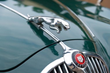 Chennai, India, December 18th 2022: Jaguar Mark 1 Closeup with Logo. Jaguar 2.4 Litre special equipment early 1957. Jaguar Land Rover. Jaguar Cars Luxury vehicles company,