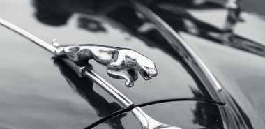 Chennai, India, December 18th 2022: Jaguar Mark 1 Closeup with Logo. Jaguar 2.4 Litre special equipment early 1957. Jaguar Land Rover. Jaguar Cars Luxury vehicles company,